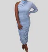 Miss Circle Peyton One Sleeve Ruched Pencil Dress In Light Blue In Blue