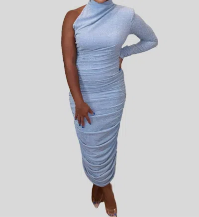 Miss Circle Peyton One Sleeve Ruched Pencil Dress In Light Blue