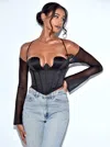 Miss Circle Pixie Black Mesh Sleeve Halter Corset Satin Top In Blue