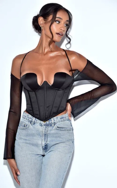 Miss Circle Pixie Black Mesh Sleeve Halter Corset Satin Top In Blue