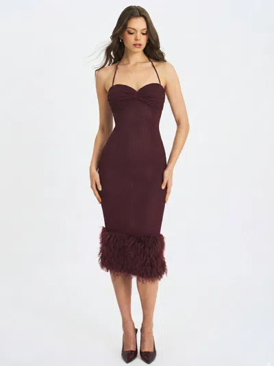 Miss Circle Pluma Maroon Halter Faux-fur Trimmed Midi Dress In Burgundy