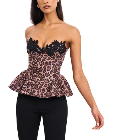 Miss Circle Qiara Cheetah Print Peplum Top With Lace Trim In Animal Print