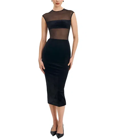 Miss Circle Quielle Mesh And Velvet Midi Bodycon Dress In Black