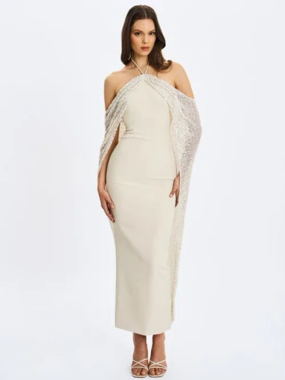 Miss Circle Quimera Beaded Cape Halter Off-shoulder Maxi Gown In Neutral