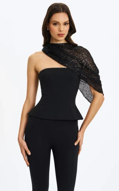 Miss Circle Quinette Peplum Top With Beaded Asymmetrical Cape In Black