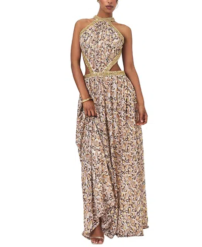 Miss Circle Quinnlyn Cheetah Print Chiffon Halter Maxi Dress In Brown