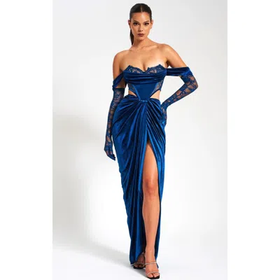 Miss Circle Quintesa Cutout Lace Velvet Off Shoulder Gown In Blue
