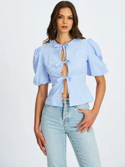 Miss Circle Qusayla Baby Blue Gingham Bubble Sleeve Bowtie Top