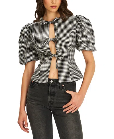 Miss Circle Qusayla Bow Tie Front Gingham Puff Sleeve Top In Animal Print