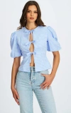 Miss Circle Qusayla Ginghamcheck Puff Sleeve Tie Detail Top In Blue