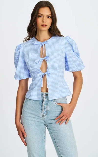 Miss Circle Qusayla Ginghamcheck Puff Sleeve Tie Detail Top In Blue