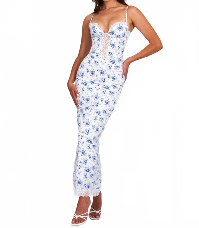 Miss Circle Qwin Floral Print Satin Lace Maxi Dress In Blue Multi In White