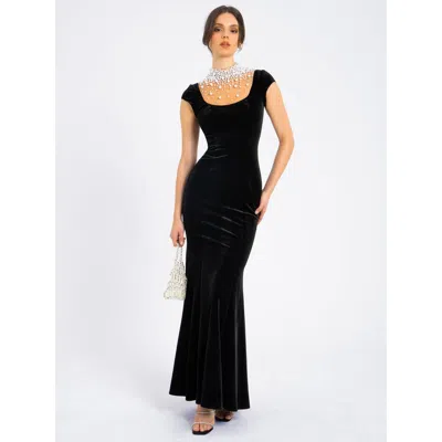 Miss Circle Rachael Velvet Pearl Embellished Gown In Black
