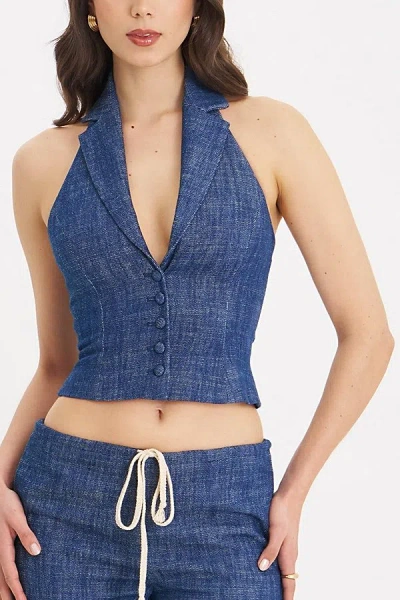 Miss Circle Rafaella Ruched Back Cotton Denim Suit Vest In Blue
