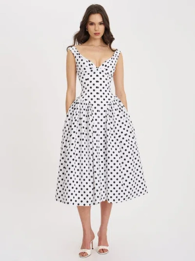 Miss Circle Rahma Polka Dot Drop Waist Midi Cotton Poplin Dress