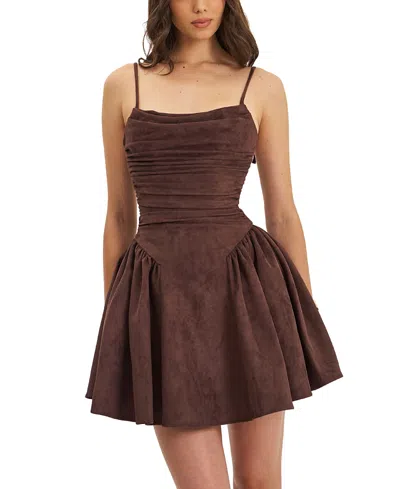 Miss Circle Raisa Suede Ruched Mini Dress In Brown