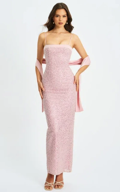 Miss Circle Raizel Beaded Sequin Bodycon Gown With Scarf In Pink