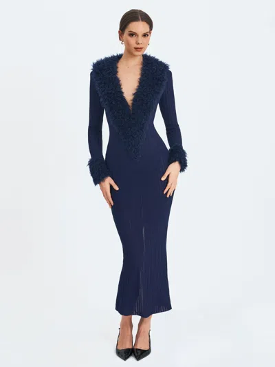 Miss Circle Romina Plunging Faux Fur Trimmed Crochet Maxi Dress In Blue
