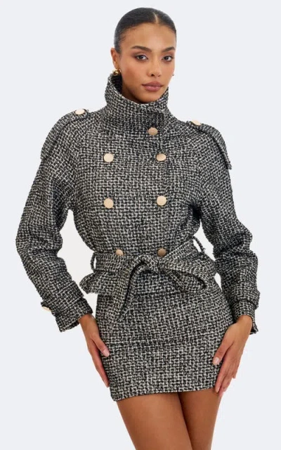 Miss Circle Sadie Tweed High Collar Belted Mini Jacket In Black