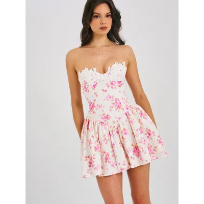Miss Circle Samara Floral Drop Waist Linen Corset Puffy Mini Dress In Pink