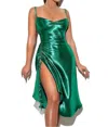 Miss Circle Satin Side Slit Dress In Emerald Green In Green