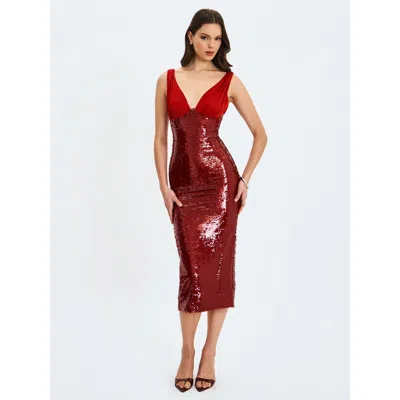 Miss Circle Shanelle Sequin Plunging Midi Dress In Red