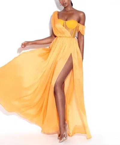 Miss Circle Silk Pleated Corset High Slit Maxi Gown In Yellow