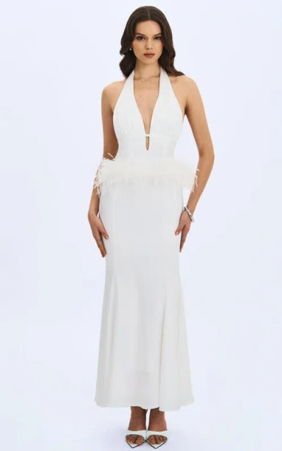 Miss Circle Solene Pleated Halter Backless Faux Feather Trim Maxi Dress In White