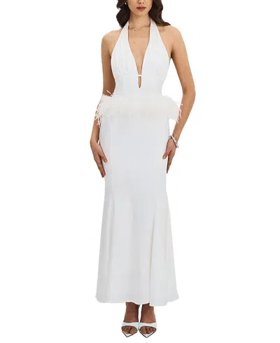 Miss Circle Solene Pleated Halter Backless Faux Feather Trim Maxi Dress In White