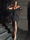 Miss Circle Women Stella Black Off Shoulder Crystal Corset Satin Gown In Black