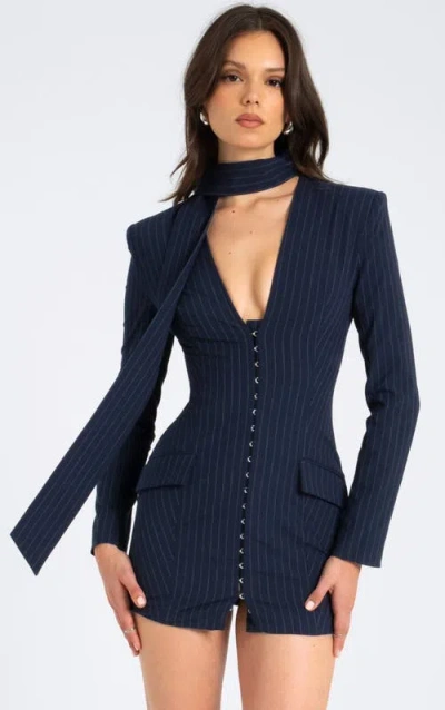 Miss Circle Tahlia Deep V Mini Blazer Dress With Scarf In Blue