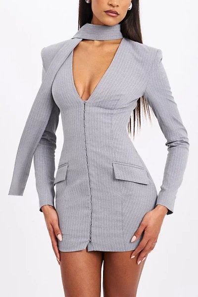 Miss Circle Tahlia Pinstripe Scarf Blazer Dress In Light Grey, Women's At Urban Outfitters In Gray