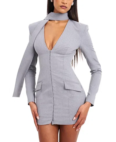 Miss Circle Tahlia Woven Crepe Deep V Pinstripes Blazer Dress In Blue