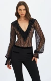 Miss Circle Taliah Sheer Lace Ruffled Collar Bodysuit In Black