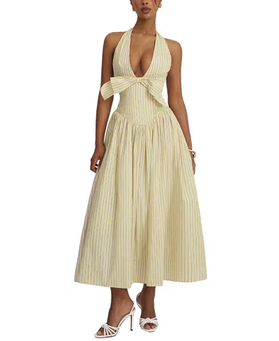 Miss Circle Talise Cotton Poplin Stripe Plunging Halter Maxi Dress In Yellow