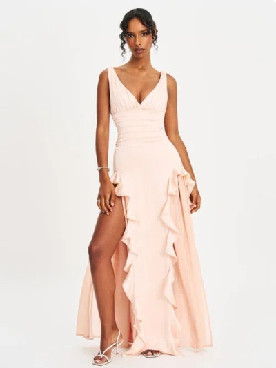 Miss Circle Talyssa Ruched Waist Double High Slit Maxi Gown In Pink
