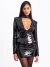Miss Circle Tamina Black Sequin Deep V Peplum Top With Scarf In Black