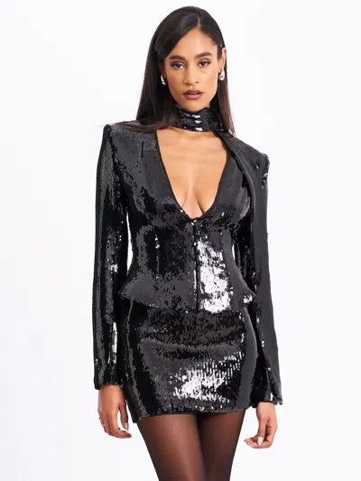Miss Circle Tamina Black Sequin Deep V Peplum Top With Scarf