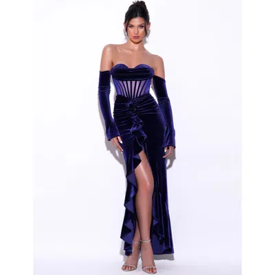 Miss Circle Women Taylee Navy Long Sleeve Off Shoulder Corset Velvet Gown In Multi