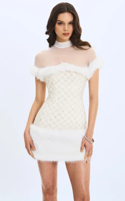 Miss Circle Taylor Faux Fur Trimmed Beaded Bouclé Mini Dress In White