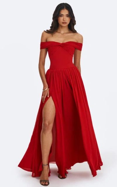 Miss Circle Tereza Georgette Bardot High-slit Maxi Dress In Red