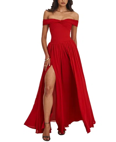 Miss Circle Tereza Georgette Bardot High-slit Maxi Dress In Red