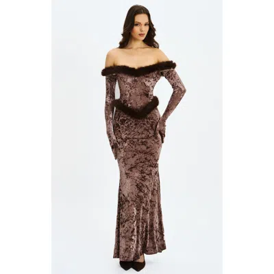 Miss Circle Tessa Sweetheart Bardot Faux Fur Velvet Mermaid Maxi Dress In Brown
