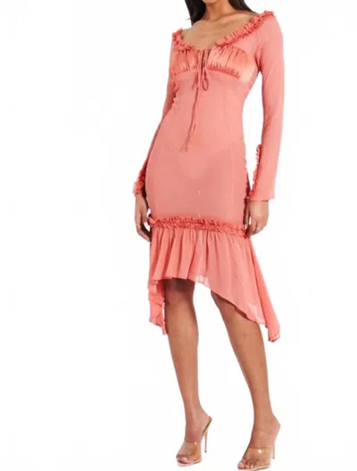 Miss Circle Tiered Ruffle Sleeve Sheer And Satin Midi Dress In Blush Pink