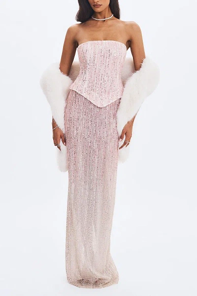 Miss Circle Tosca Beaded Gradient Strapless Peplum Maxi Dress In Pink