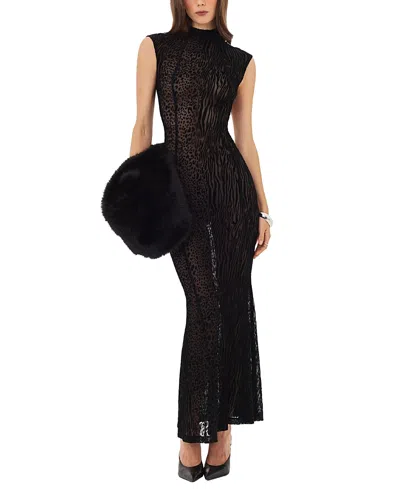 Miss Circle Tyanna Backless Burnout Velvet Mesh Mermaid Maxi Dress In Black
