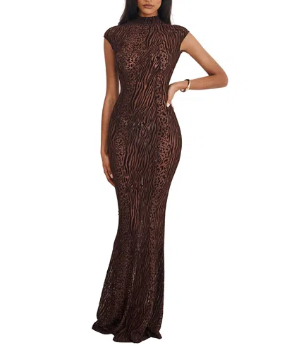 Miss Circle Tyanna Burnout Velvet Mesh Backless Mermaid Maxi Dress In Brown