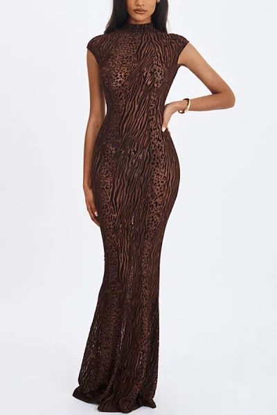 Miss Circle Tyanna Burnout Velvet Mesh Backless Mermaid Maxi Dress In Brown
