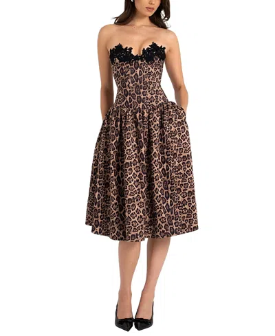 Miss Circle Uchenna Cheetah Print Stretchy Strapless Midi Dress In Brown