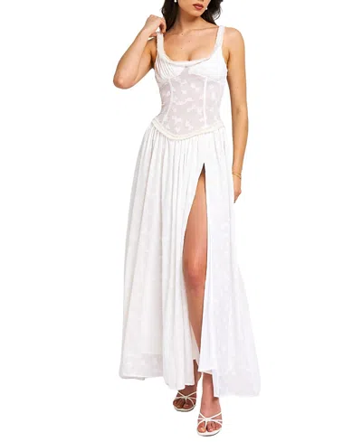 Miss Circle Women Ulissa White Square Neck Jacquard Textured High Slit Maxi Dress